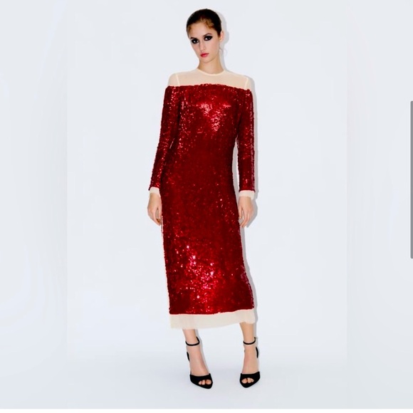 Zara Dresses & Skirts - Zara ZW collection red sequin chiffon dress, Christmas party, holiday, New Years